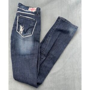 Machine Nouvelle Mode Womens Distressed Low Rise Slim Jeans Dark Wash Size 28 5